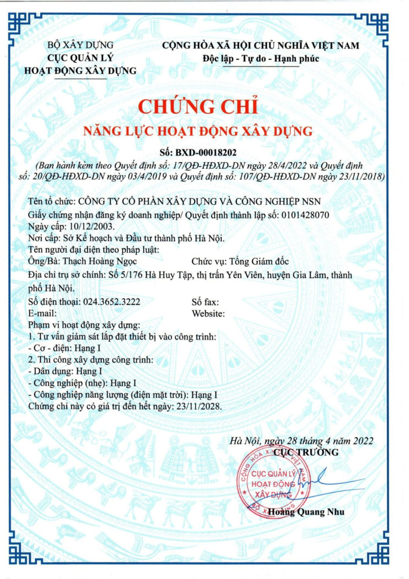 Chứng chỉ năng lực hoạt động xây dựng hạng 1